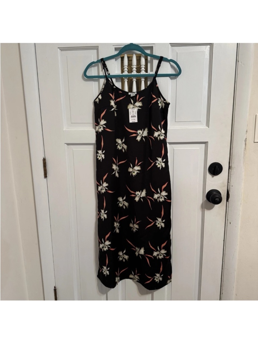 NWT J. Crew Black Floral Midi Slip Dress with Adjustable Straps & Slits on Sides